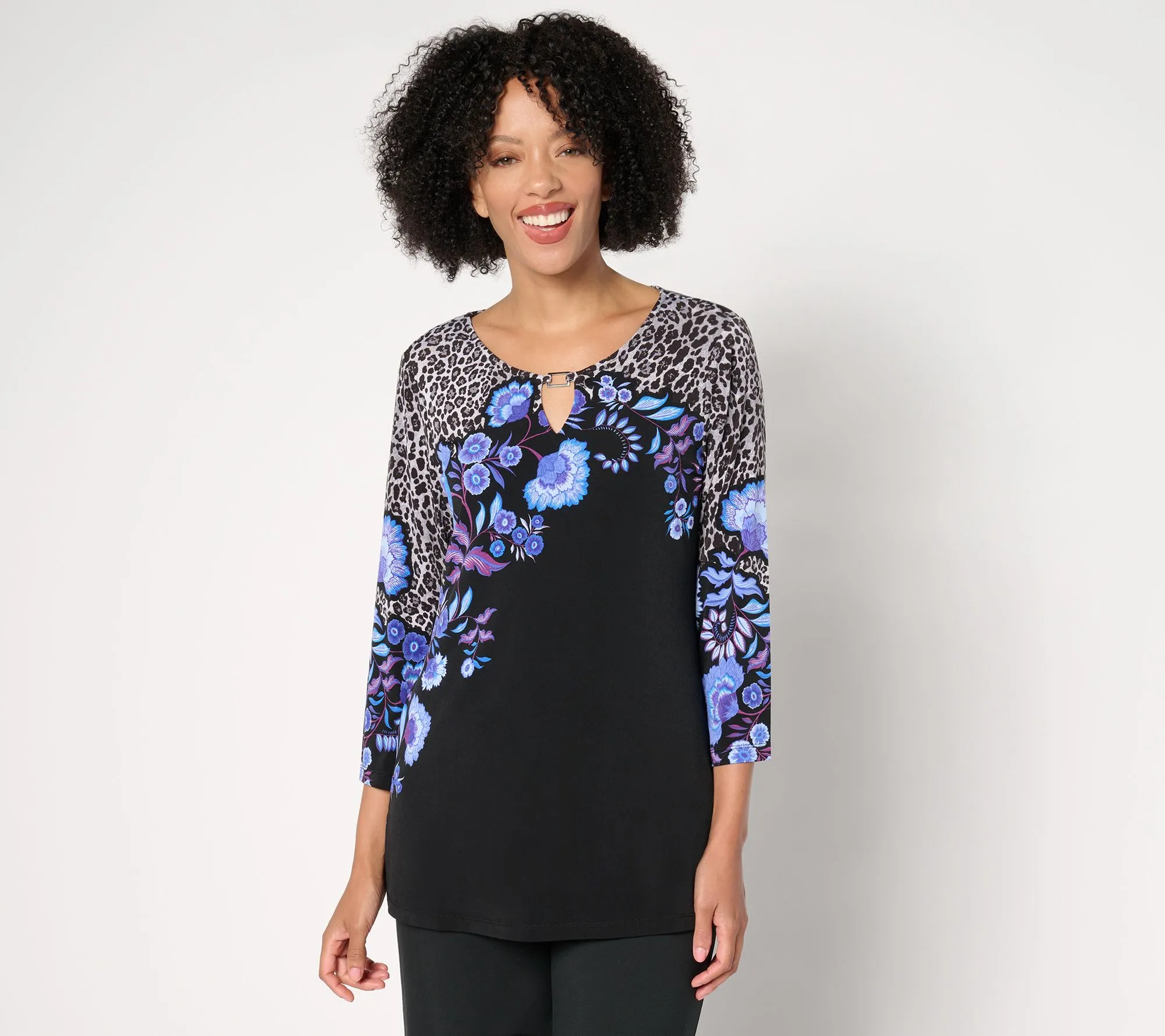 Susan Graver Printed Liquid Knit Top with Keyhole Trim