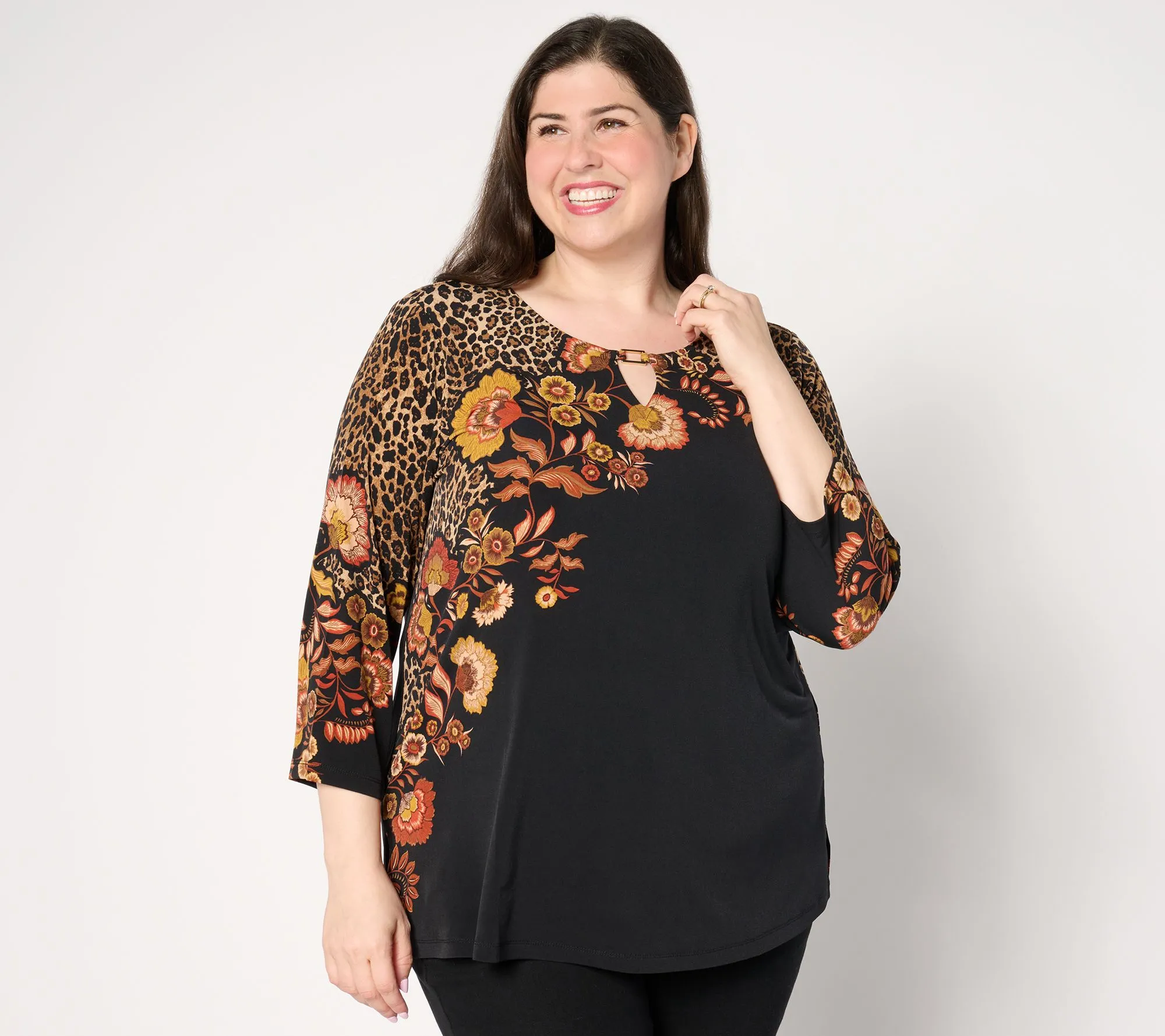 Susan Graver Printed Liquid Knit Top with Keyhole Trim