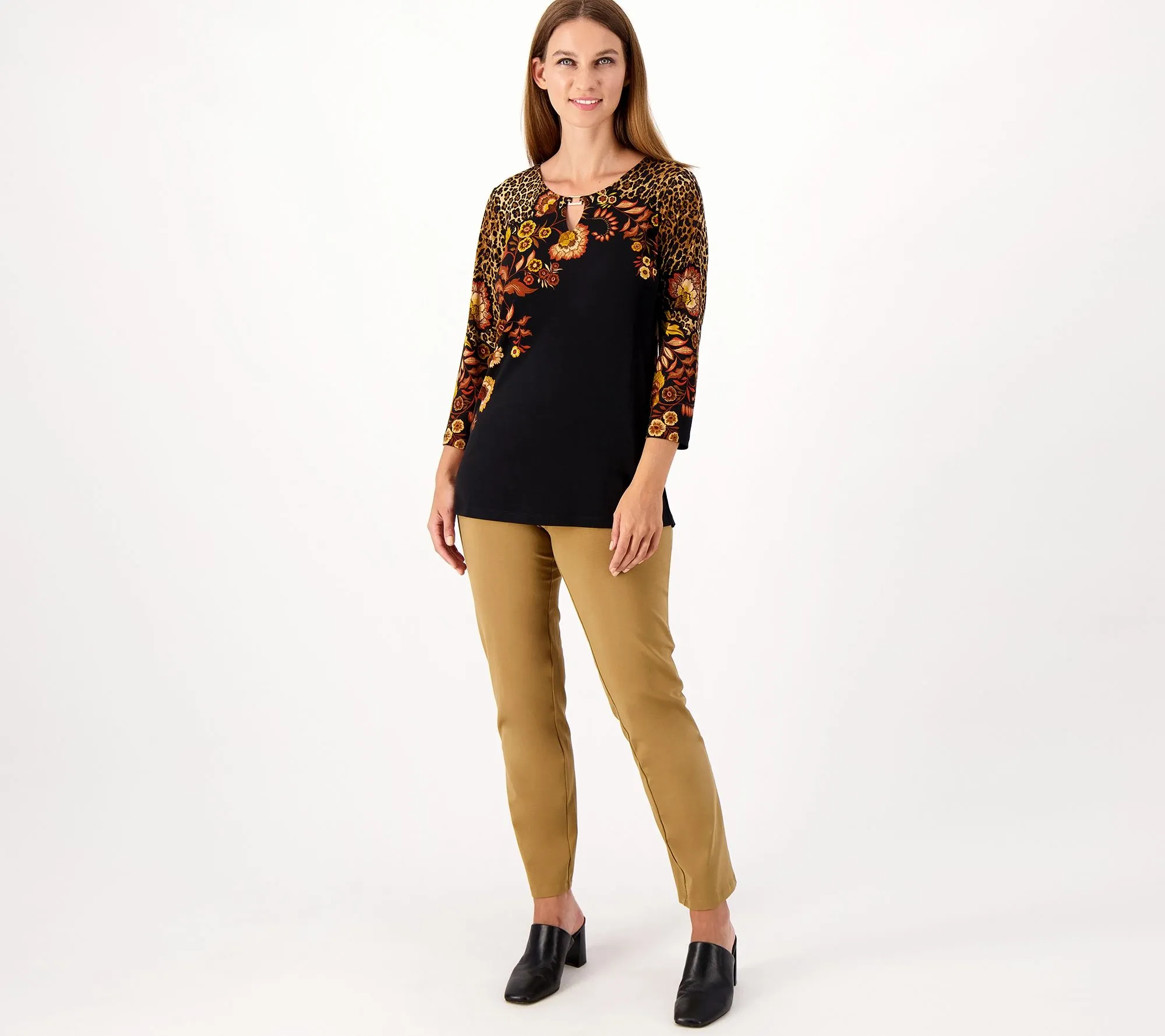 Susan Graver Printed Liquid Knit Top with Keyhole Trim