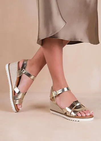 Sydney Extra Wide Fit Wedge Sandals with Front Strap Detail in Gold Metallic PU by Where’s That From | Look Again