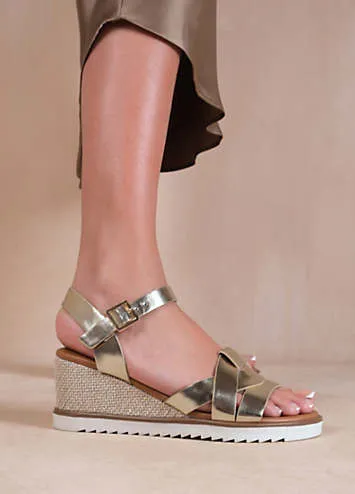 Sydney Extra Wide Fit Wedge Sandals with Front Strap Detail in Gold Metallic PU by Where’s That From | Look Again