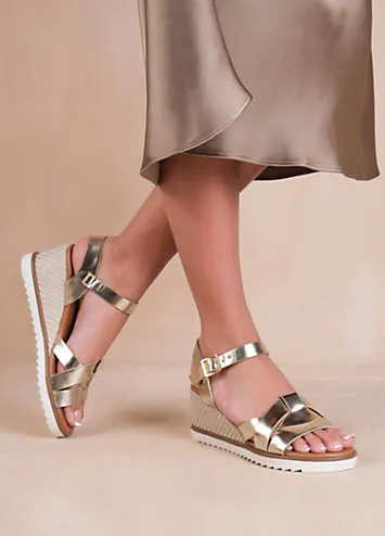 Sydney Wedge Sandals with Front Strap Detail in Gold Metallic PU by Where’s That From | Look Again