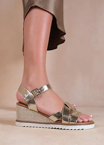 Sydney Wedge Sandals with Front Strap Detail in Gold Metallic PU by Where’s That From | Look Again