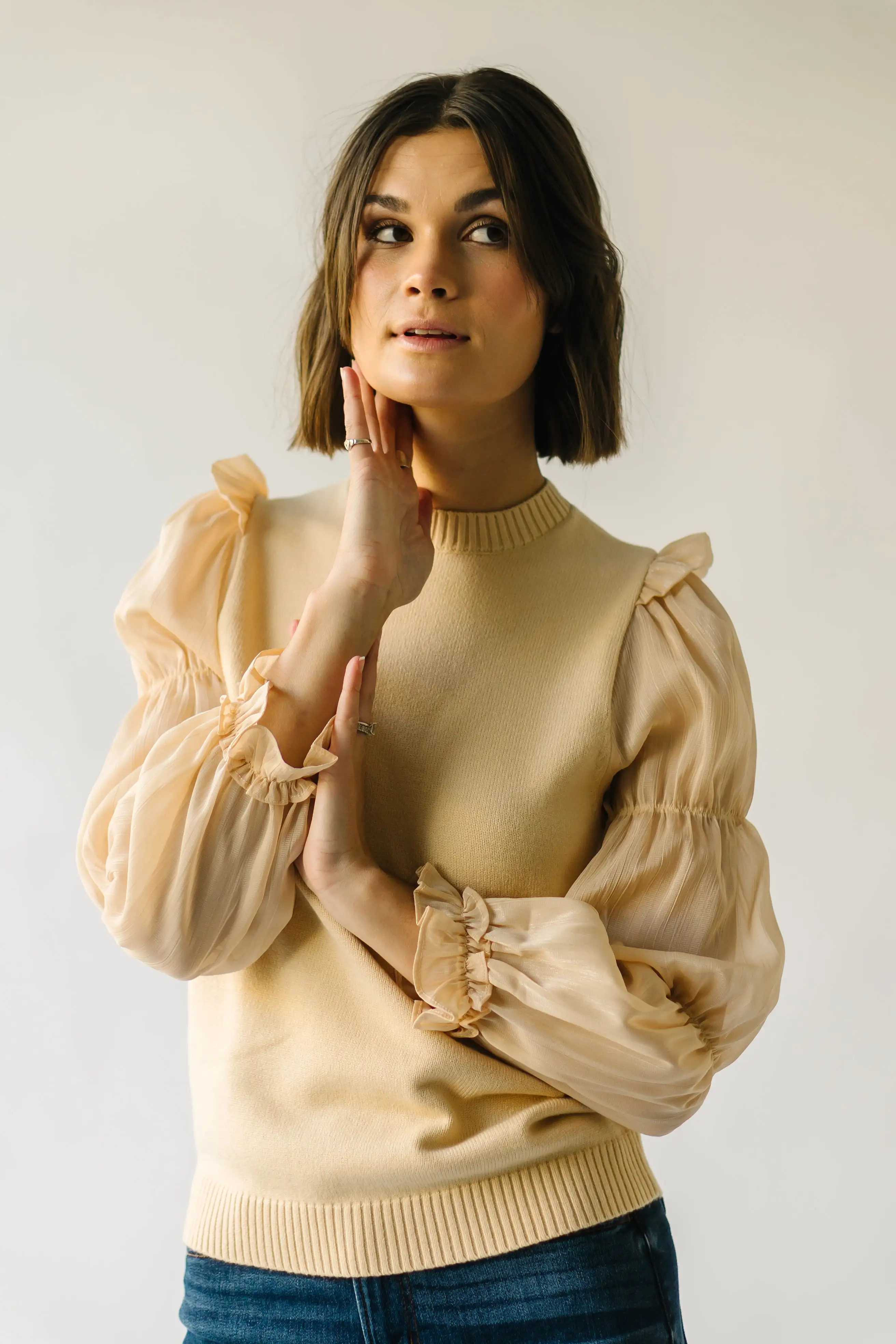 The Bontra Ruffle Sleeve Sweater in Beige