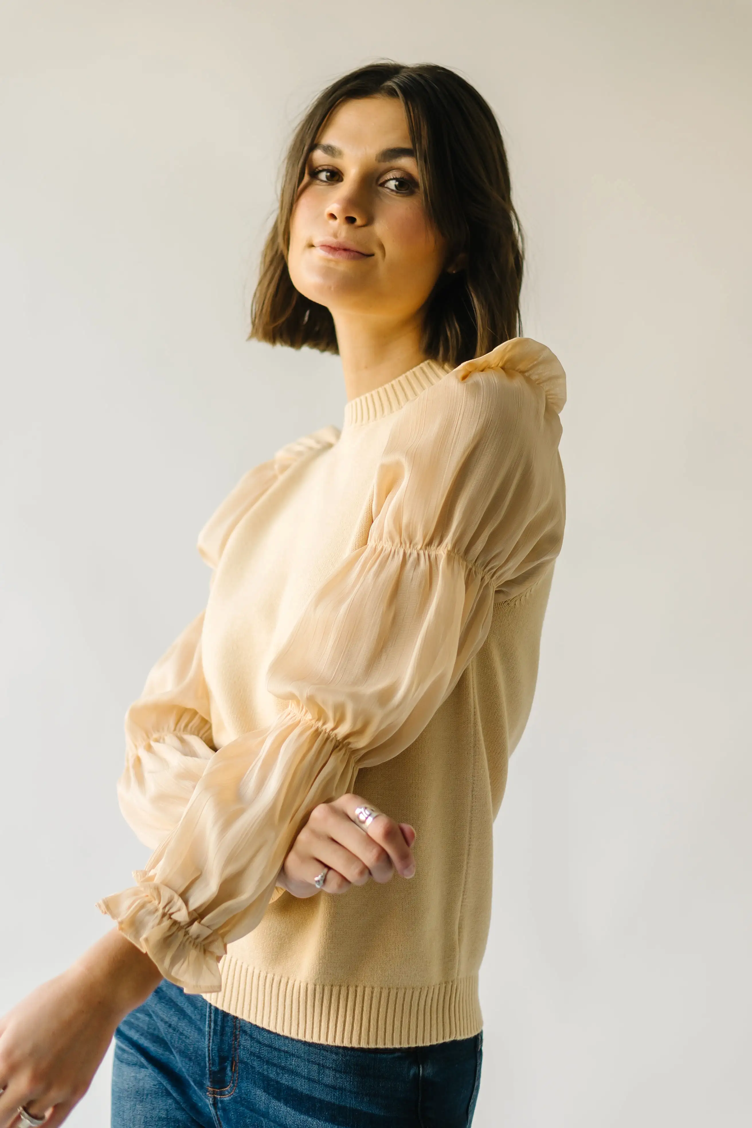 The Bontra Ruffle Sleeve Sweater in Beige