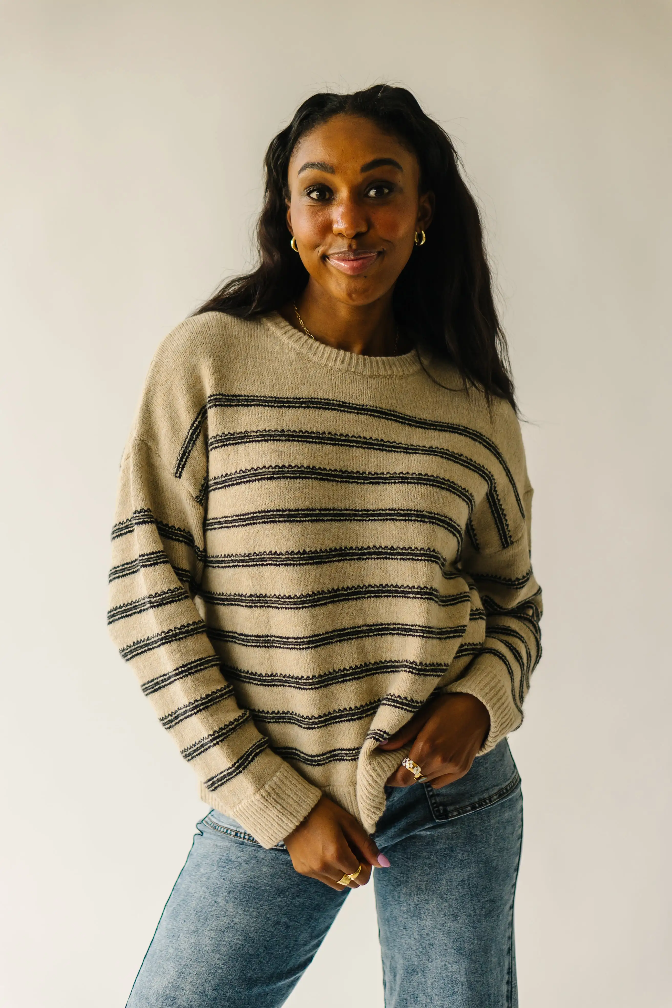 The Peosta Striped Sweater in Taupe Combo