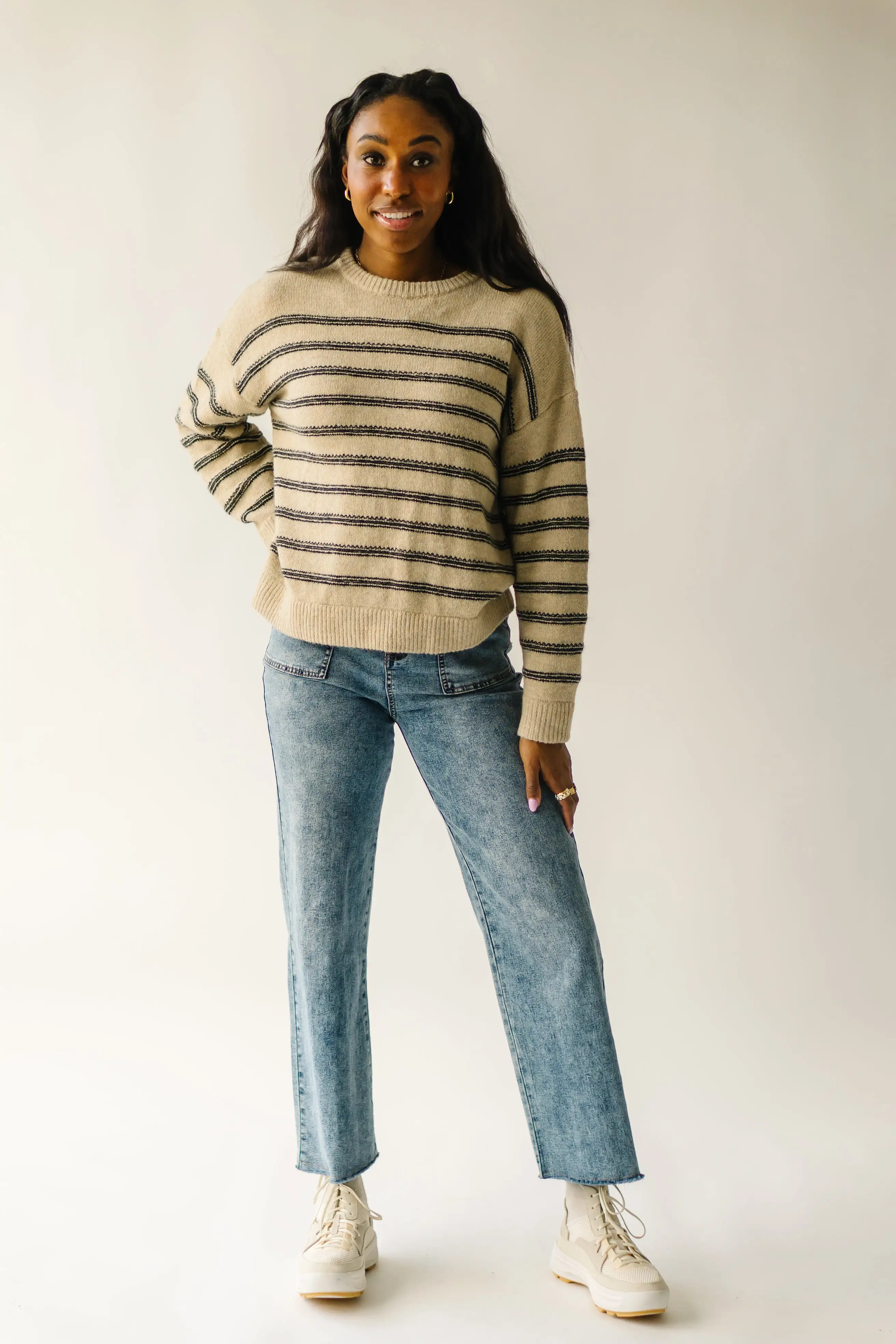 The Peosta Striped Sweater in Taupe Combo