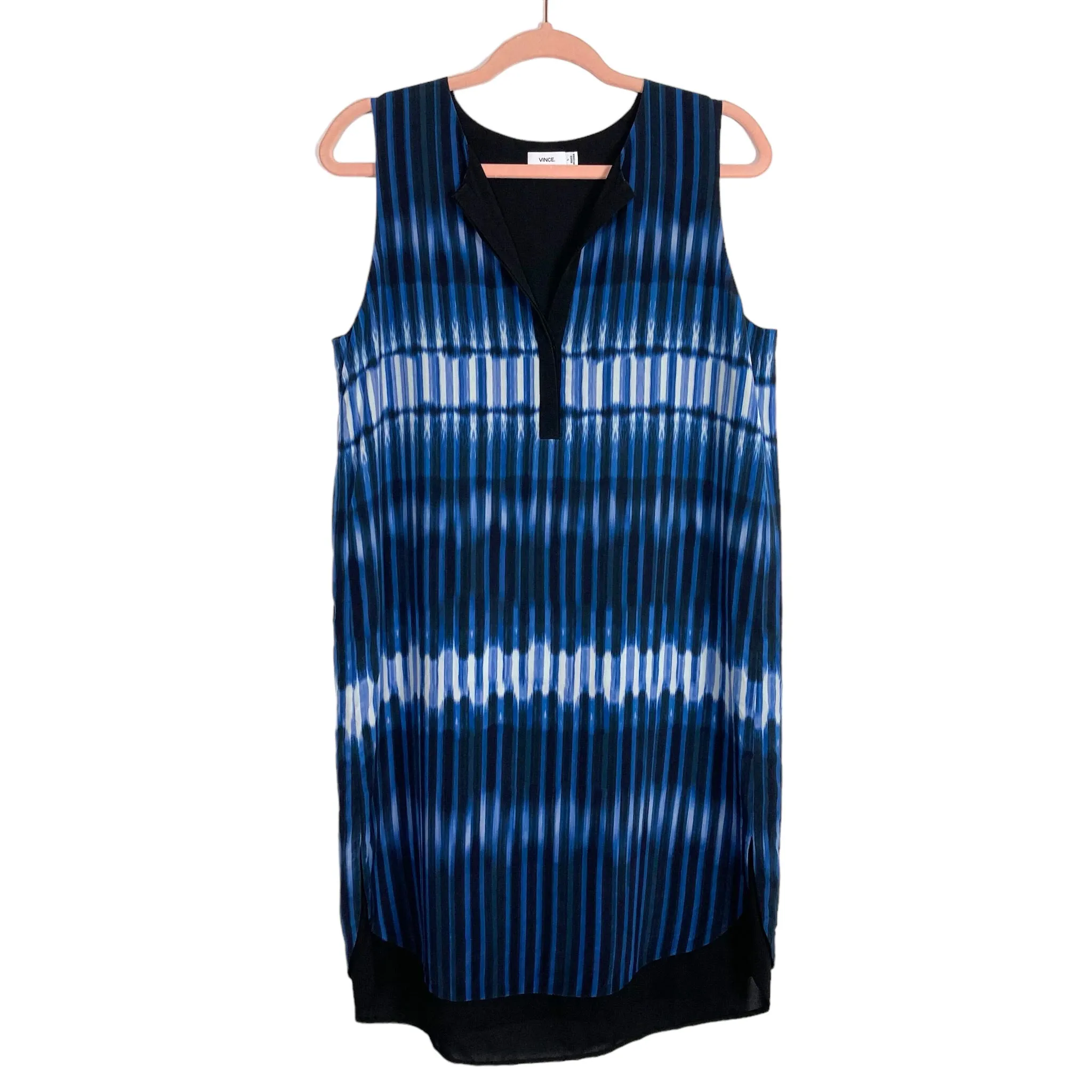 Vince 100% Silk Black/Blue/White Watercolor Stripes with Front Buttons Dress- Size L