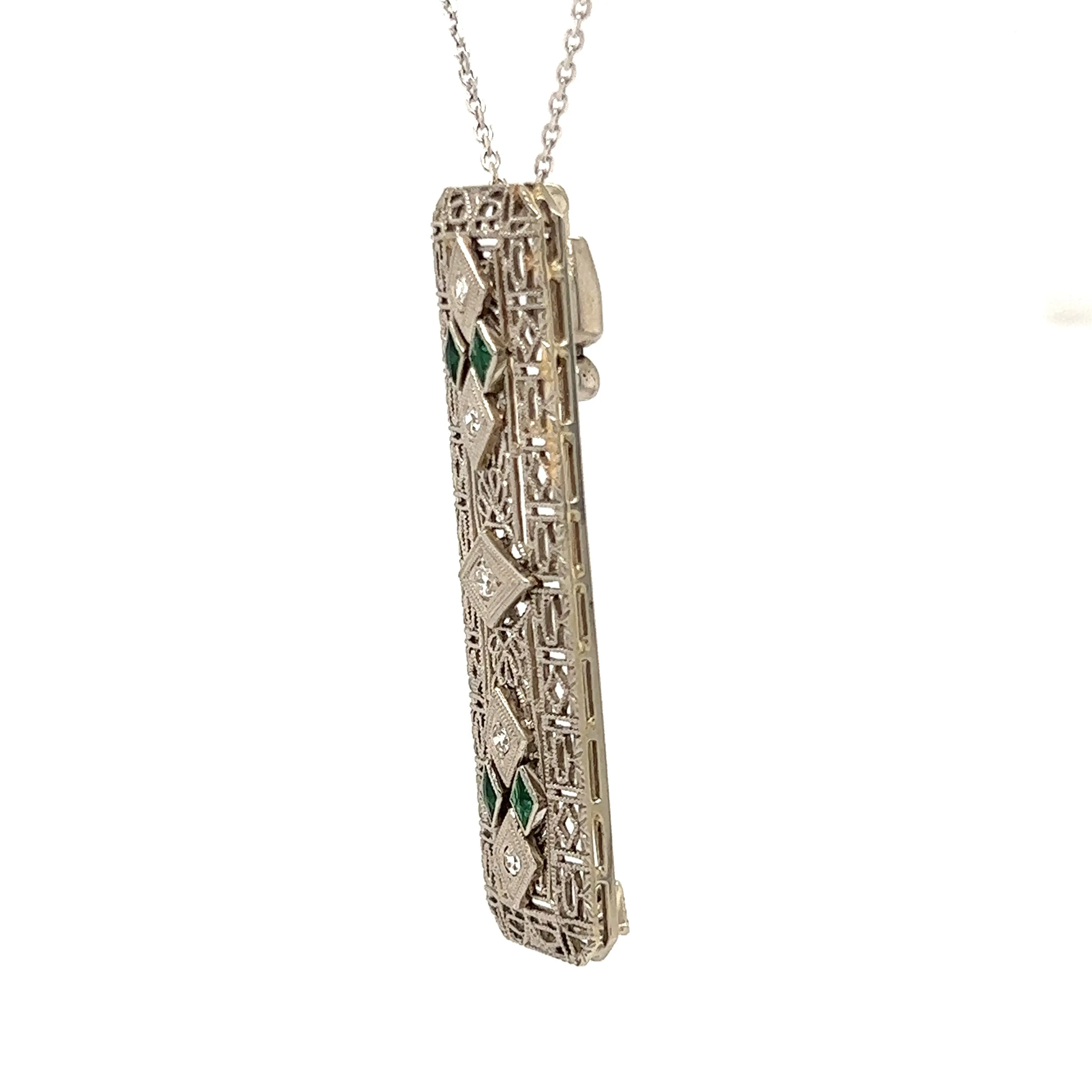 Vintage Diamond Pin With Four Emeralds in 14K White Gold