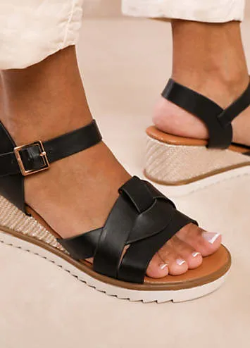 Where’s That From Sydney Extra Wide Fit Wedge Sandals with Front Strap Detail in Black PU | Kaleidoscope