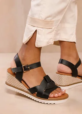 Where’s That From Sydney Extra Wide Fit Wedge Sandals with Front Strap Detail in Black PU | Kaleidoscope