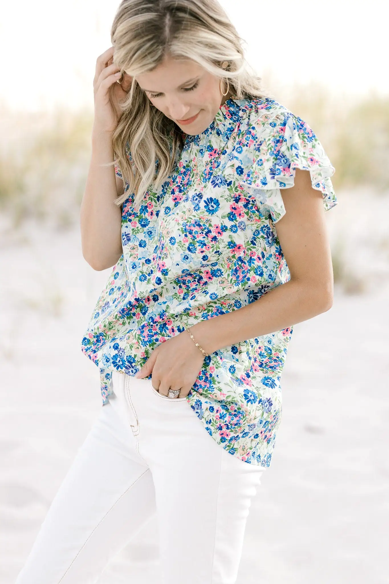 X Blue White Floral Top