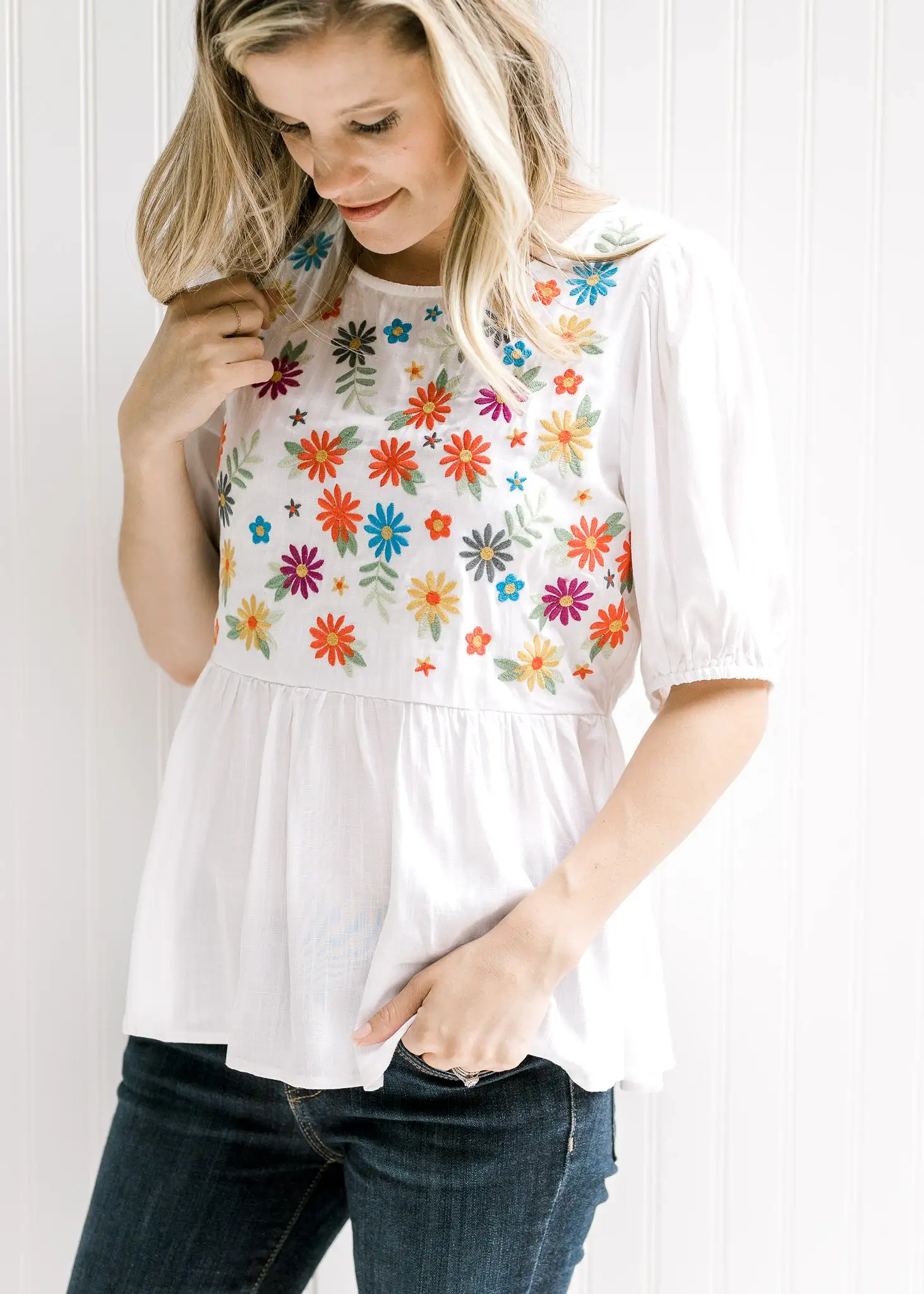 X Color Pop Ivory Embroidered Top